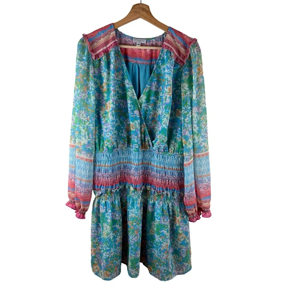 Anthro Current Air Mini Dress L Blue Floral Ruffle Smocked Fairy Tale Boho Chic - Picture 2 of 8